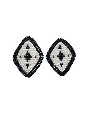 Black & White Handmade Beaded Diamond Stud Earrings With Geometric Design
